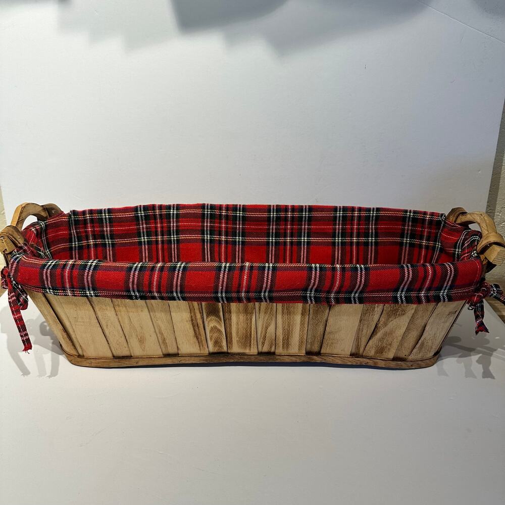 Large Oblong Red Plaid Fabric Lined Basket Gift Basket 22x8.5x7.5 Wooden Handles